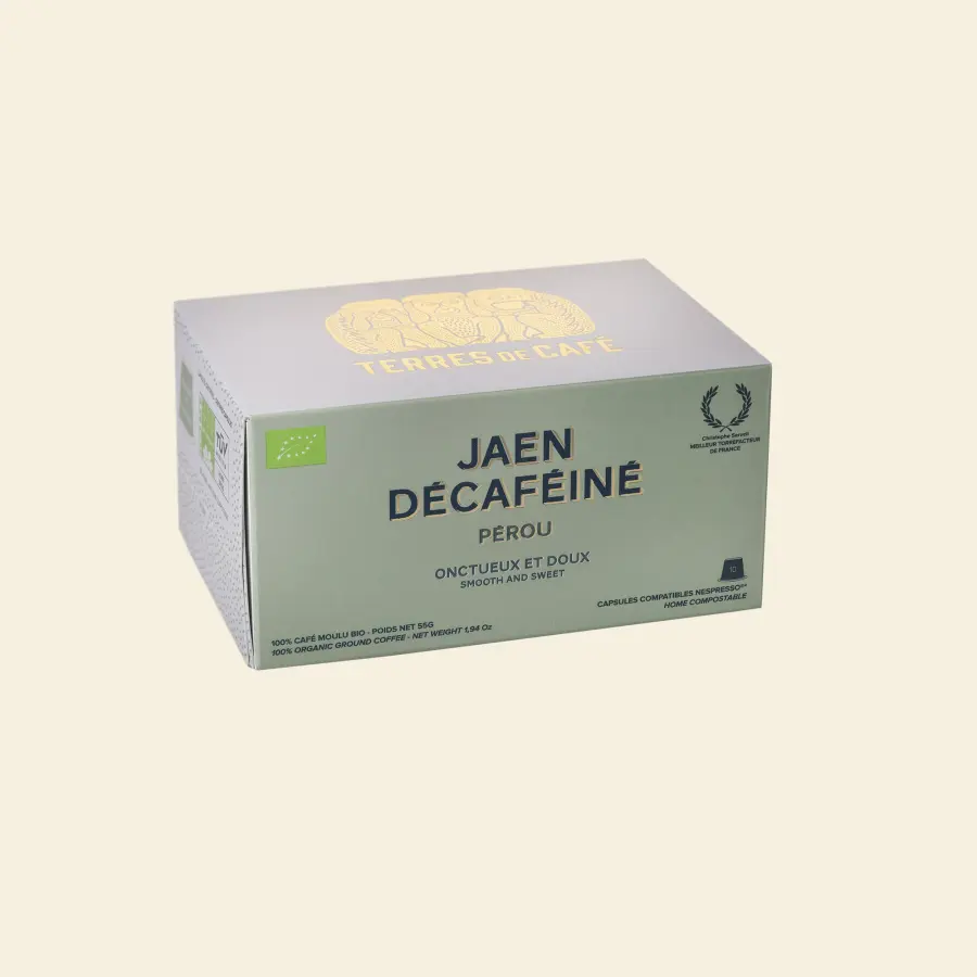 café de spécialité Terres de café - Capsules Home-Compostable Jaen décaféiné Bio x 10